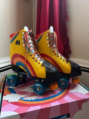 Retro Rainbow Moxi Yellow Roller Skates with Rainbow Laces